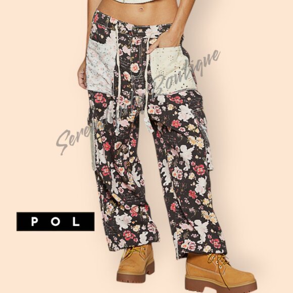 POL Denim - POL New 2025 Bold Floral Pattern & Patches Wide Leg Cotton Cargo Style Jeans